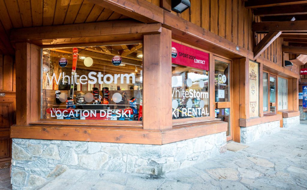 The shop front exterior of White Storm ski hire in Le Praz Courchevel 1300
